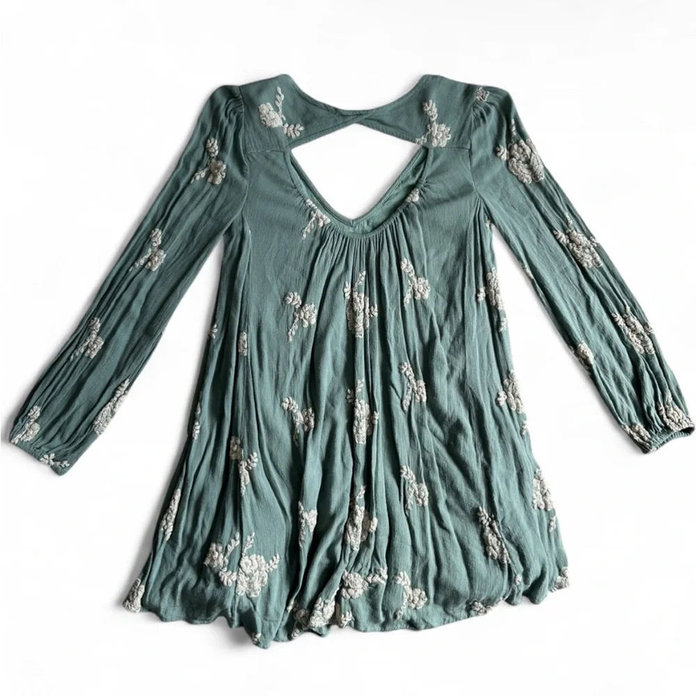 FREE PEOPLE Emma Embroidered Mini Dress Women’s Sage Green/Blue- Size XSmall